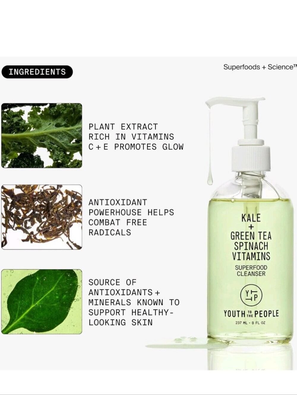 Youth To The People Superfood Facial Cleanser Kale + Green Tea Daily Face Wash - Picture 4 of 8